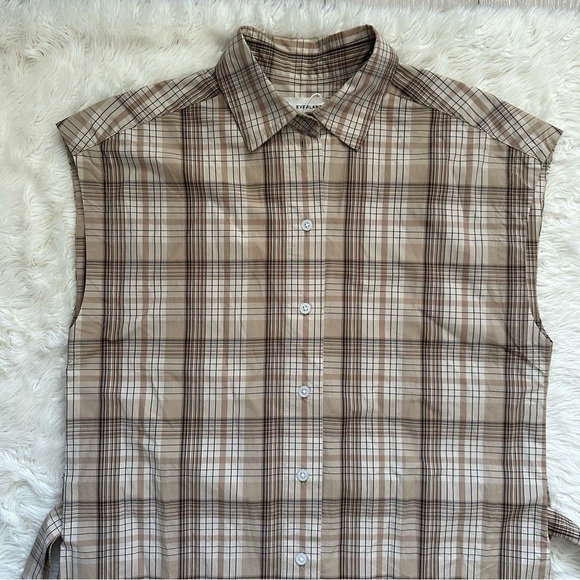 Everlane The Supima Cotton Short-Sleeve Shirt Dress Pale Khaki Plaid 4 NWT New - Picture 5 of 12